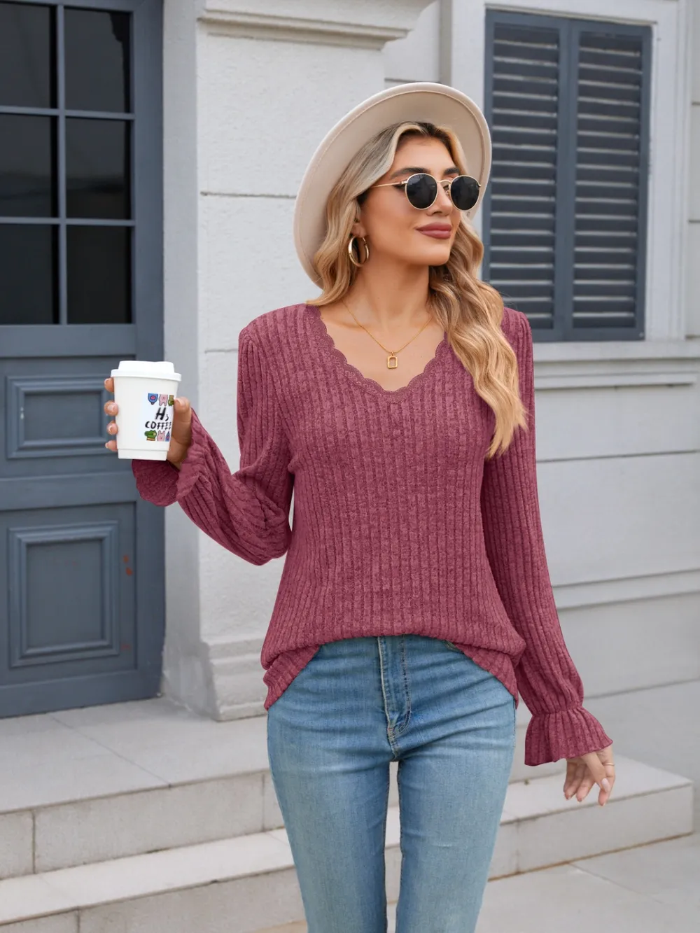 Lace Detail V-Neck Long Sleeve T-Shirt, image 33