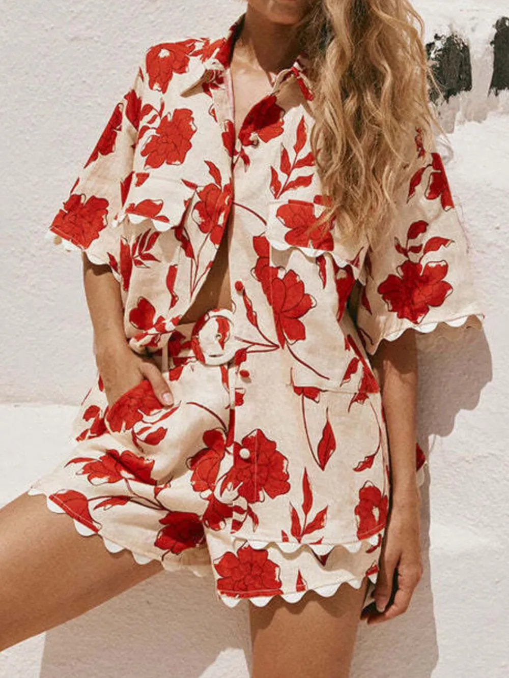 Floral Print Scalloped Edge Top and Shorts Set, image 7