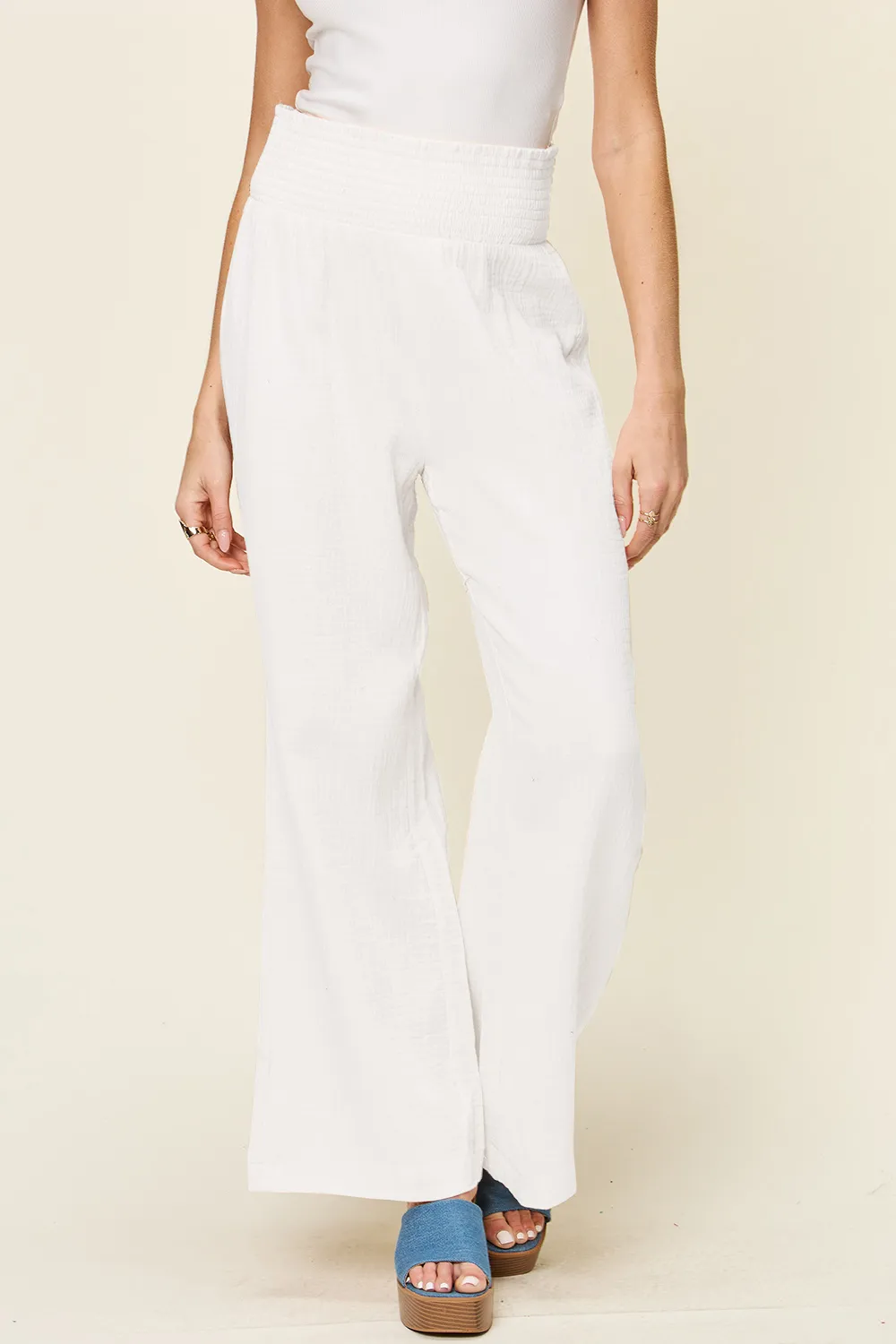 Full Size Texture Smocked Waist Wide Leg Pants, image 15