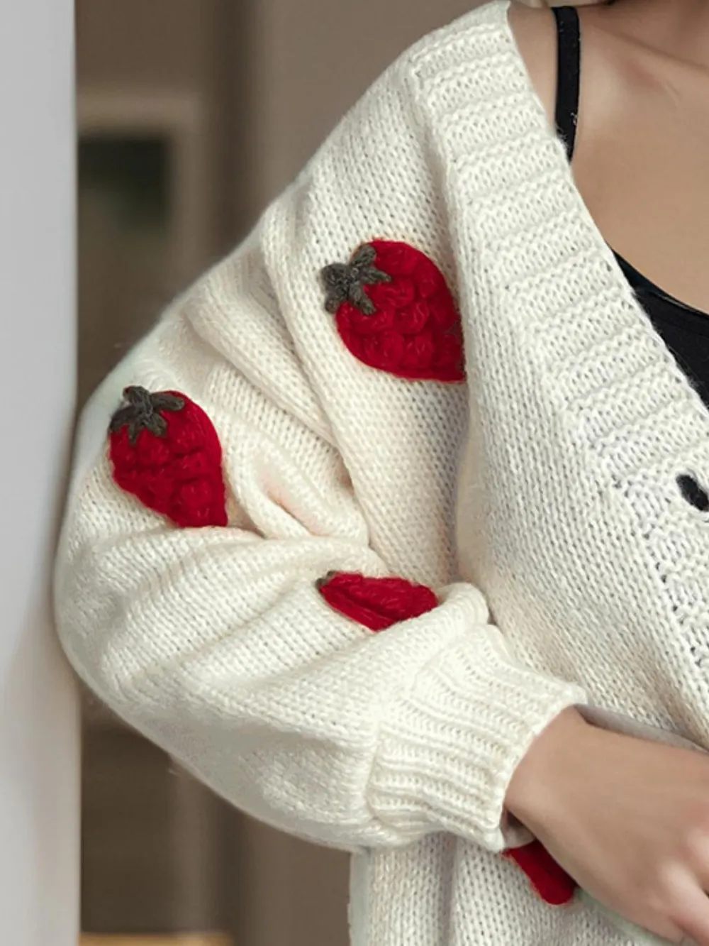 Crochet Strawberry V-Neck Long Sleeve Cardigan, image 6