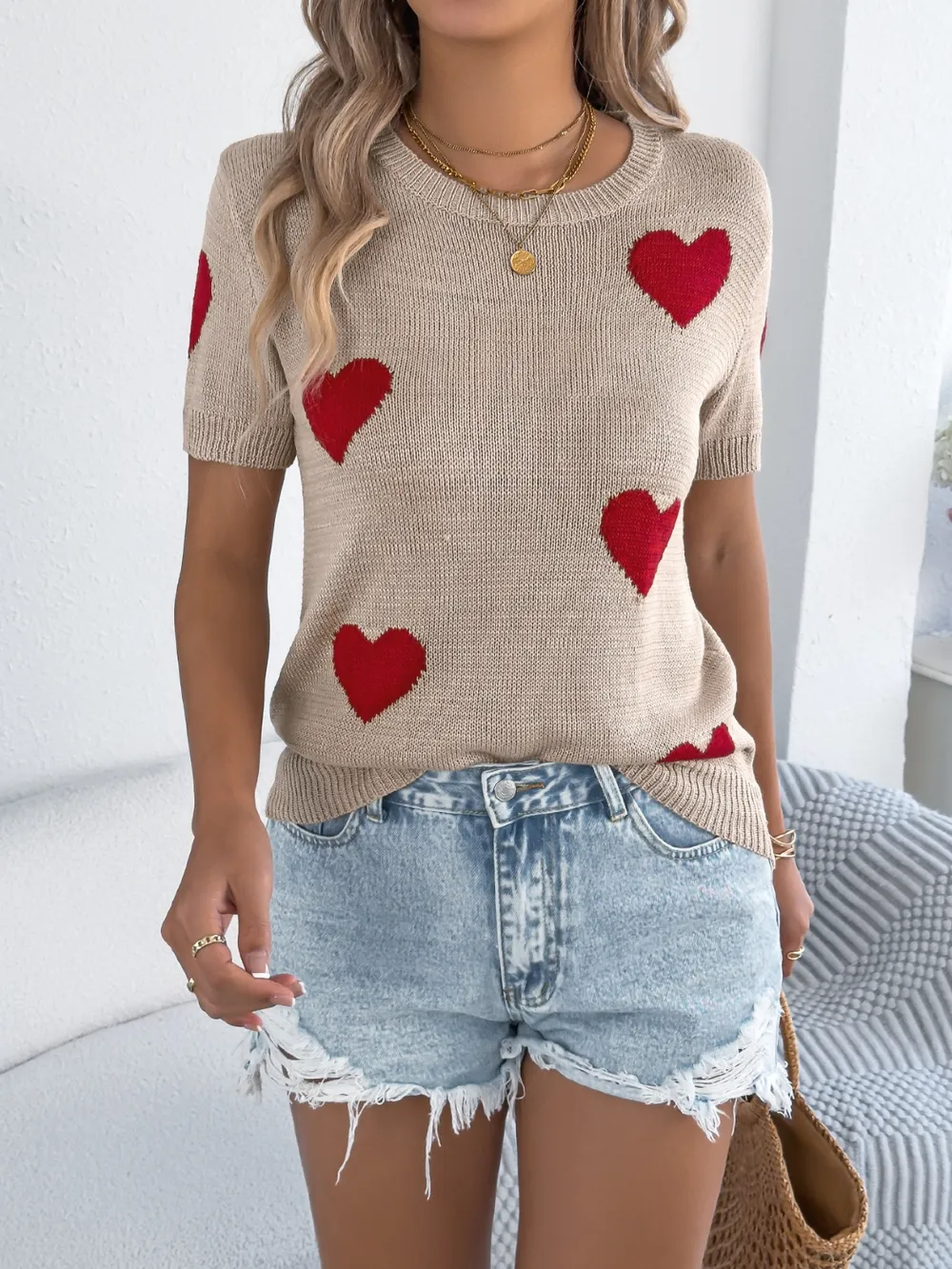 Heart Round Neck Short Sleeve Knit Top, image 18
