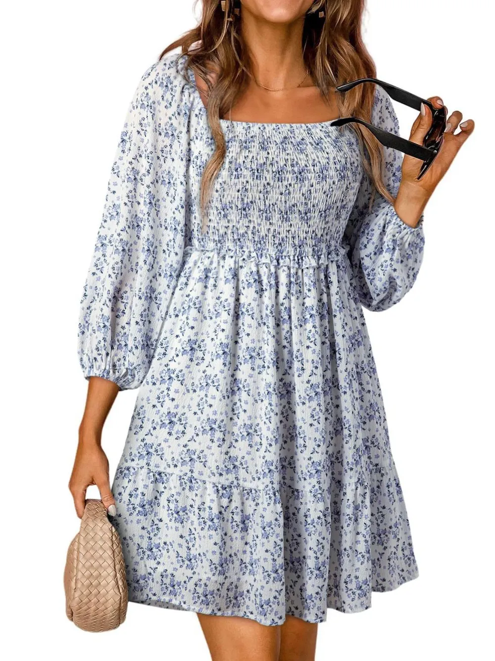 Smocked Floral Square Neck Dress, image 7