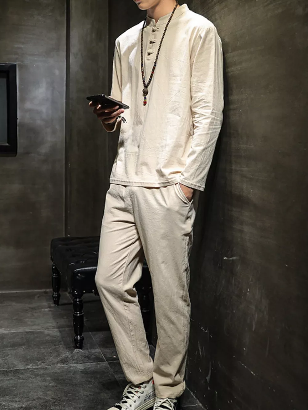 Men's Plus Size Button Detail Long Sleeve Top and Pants Set, image 3