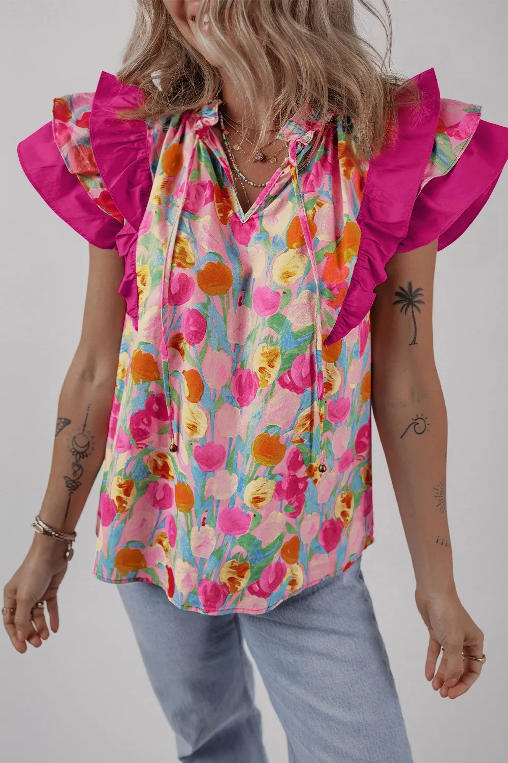 Floral Ruffle Layered Sleeve Blouse, image 9