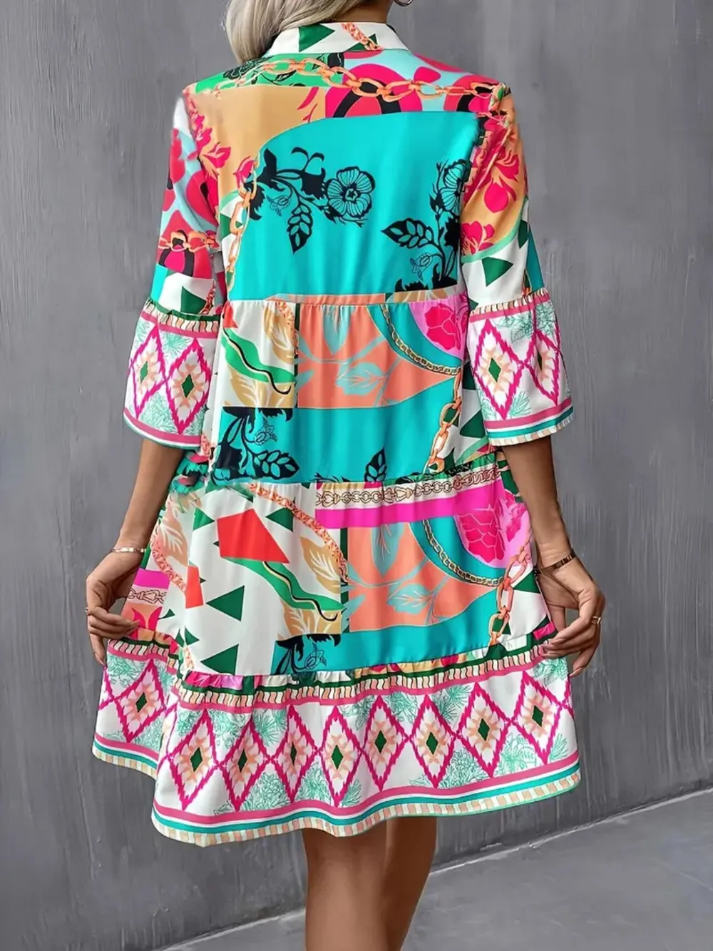 Printed Notched 3/4 Sleeve Tiered Dress, image 5