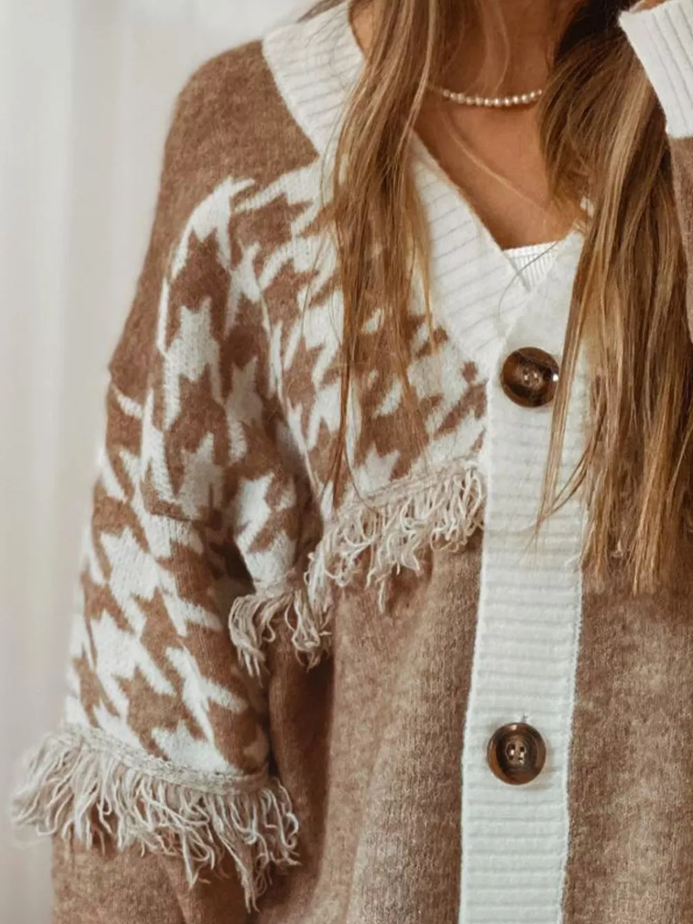 Fringe Trim Button-Up Cardigan, image 3