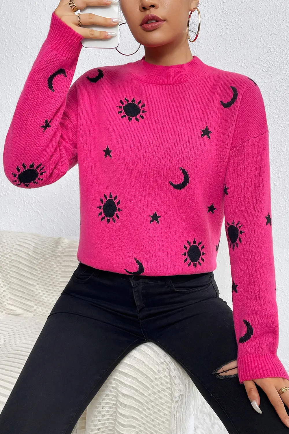 Graphic Mock Neck Dropped Shoulder Sweater, image 15