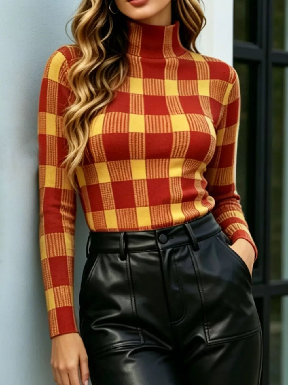 Plaid Pattern Slim Fit Knit Top, image 2