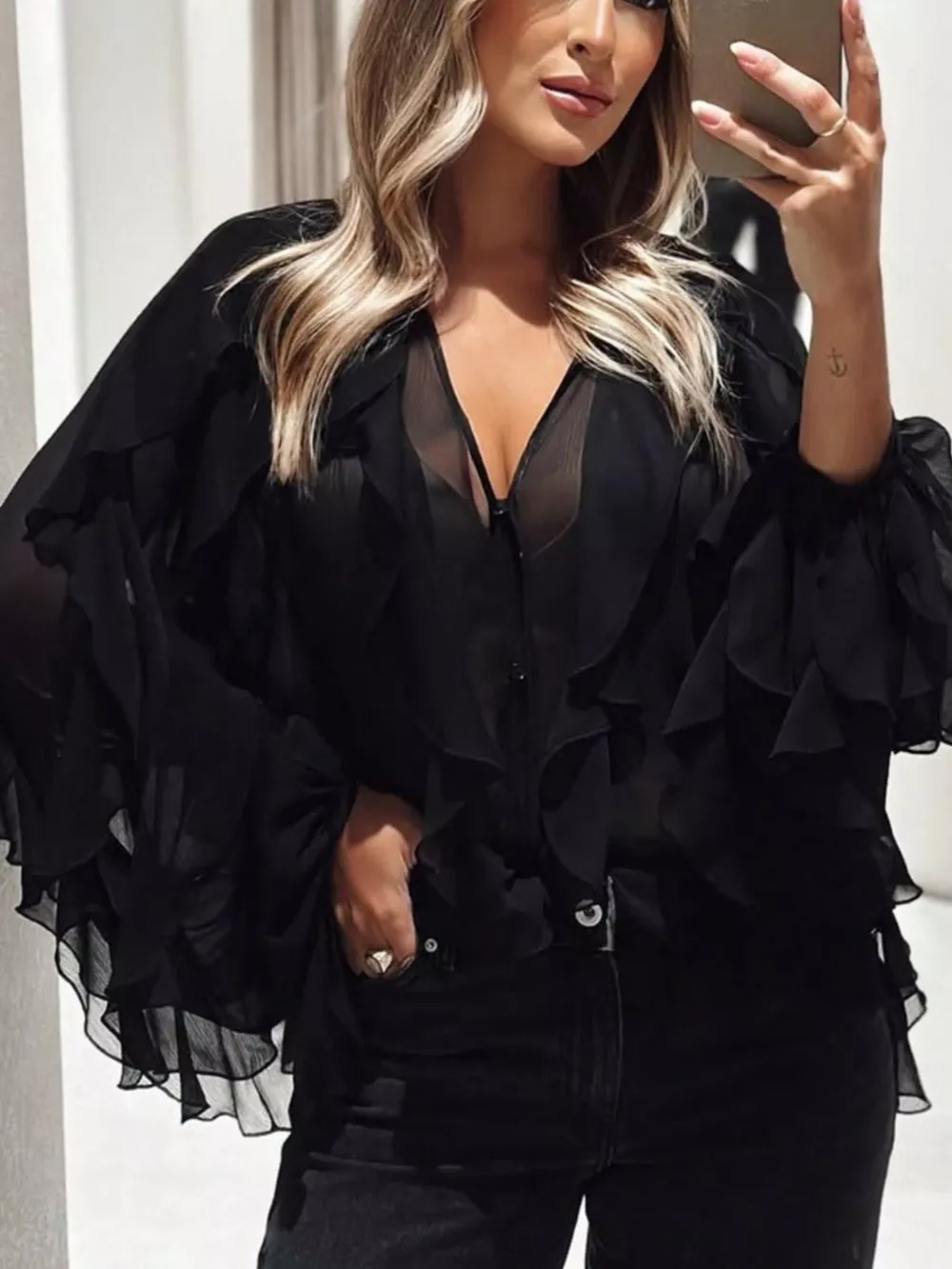 Ruffled Sheer Long Sleeve Blouse, image 29