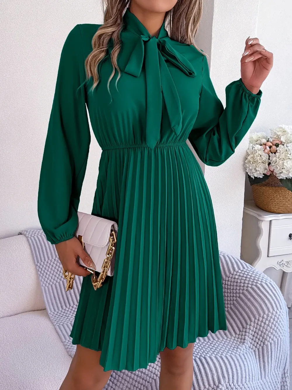 Tie Neck Balloon Sleeve Pleated Dress, image 14