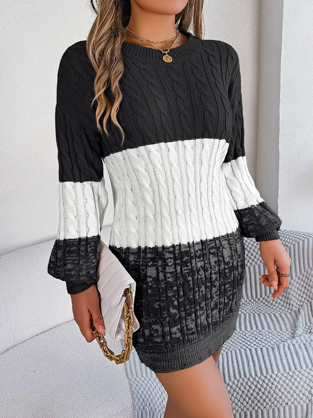 Cable-Knit Round Neck Color Block Sweater Dress, image 5