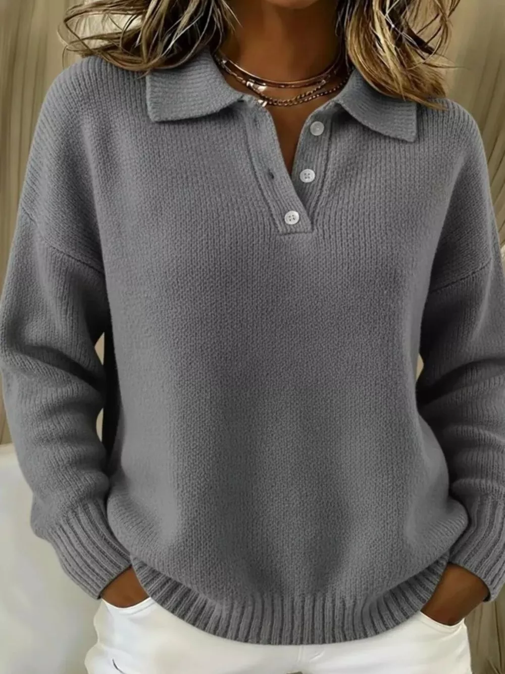 Full Size Button Detail Drop Shoulder Sweater Plus Size, image 13
