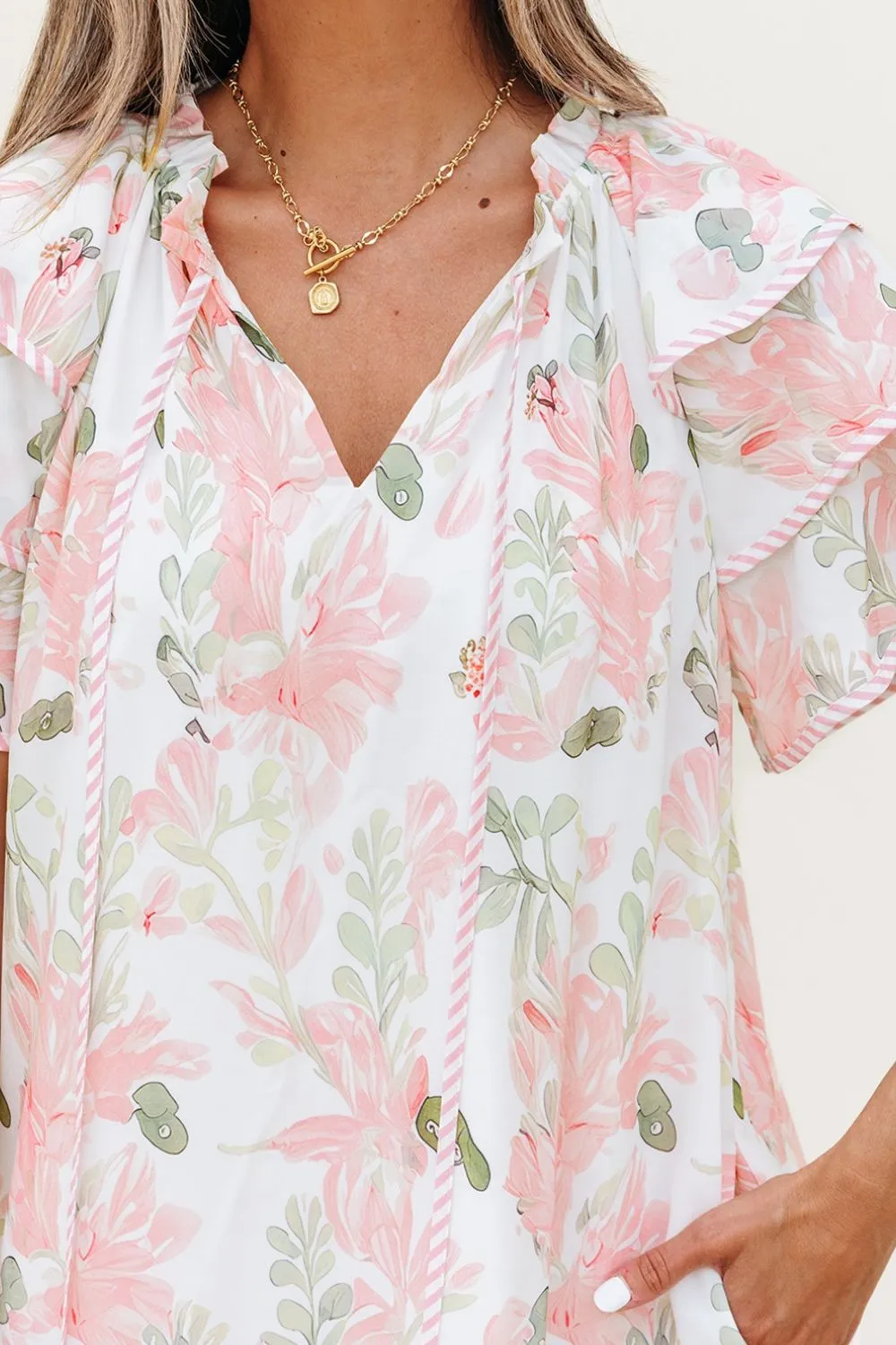 Floral Contrast Edge Layered Short Sleeve Mini Dress, image 23