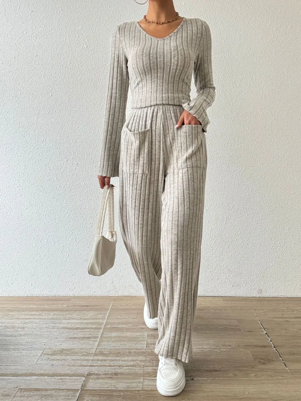 Ribbed V-Neck Long Sleeve Top and Pocketed Pants Set, image 2