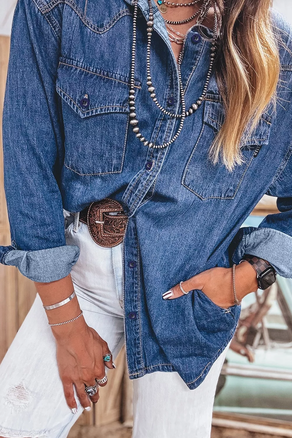 Western Patch Pockets Tunic Length Long Sleeve Denim Shirt, image 5