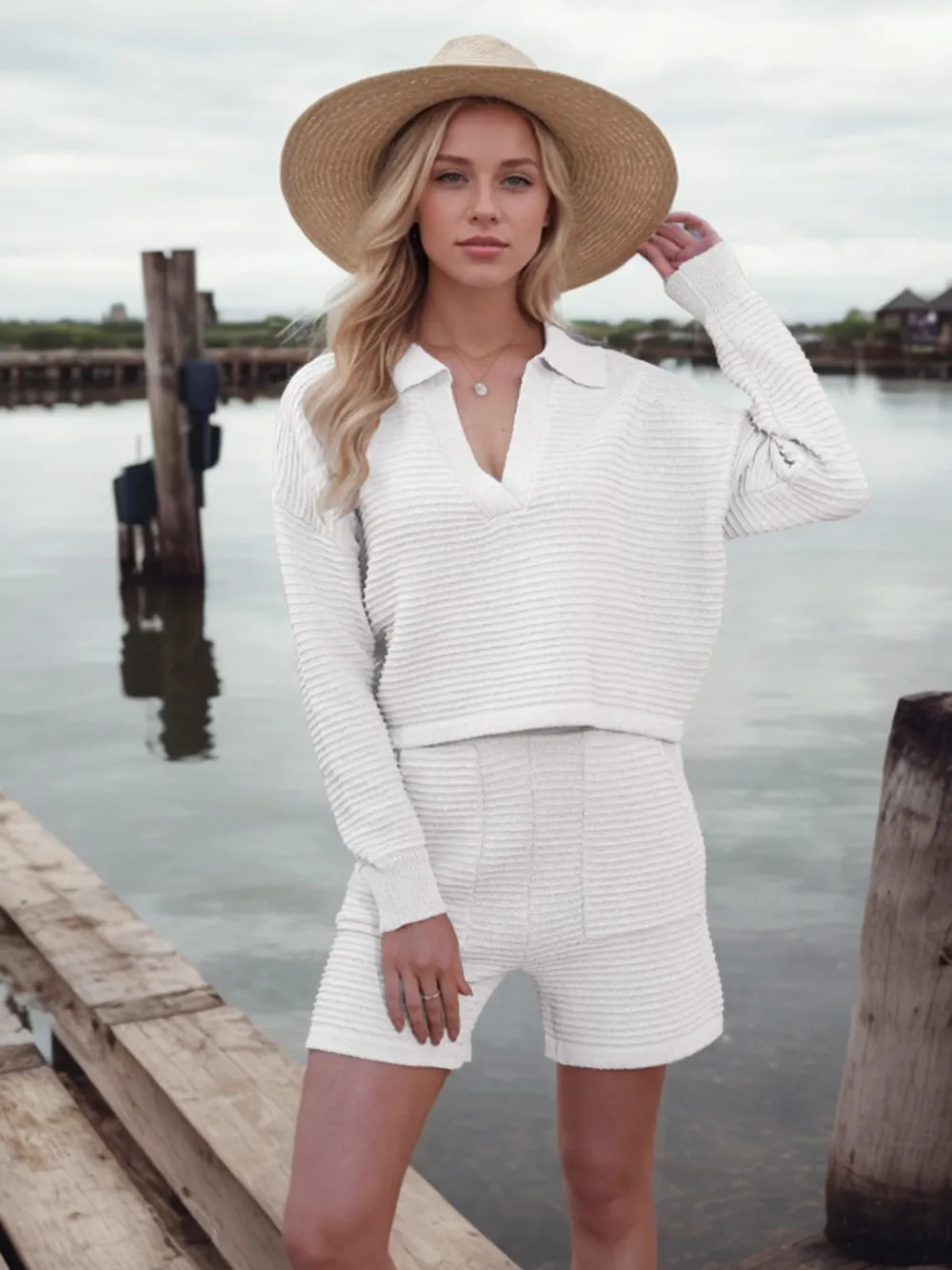 Johnny Collar Long Sleeve Top and Shorts Sweater Set, image 11