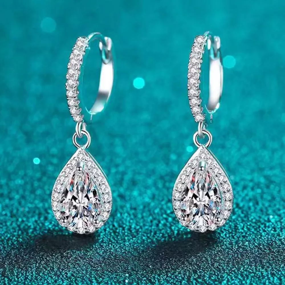 1 Carat 925 Sterling Silver Moissanite Hoop Teardrop Earrings, image 2