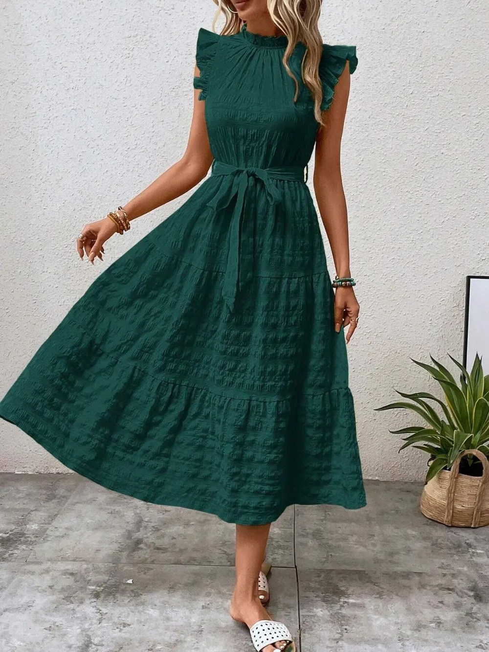Tied Ruffled Cap Sleeve Midi Dress, image 28