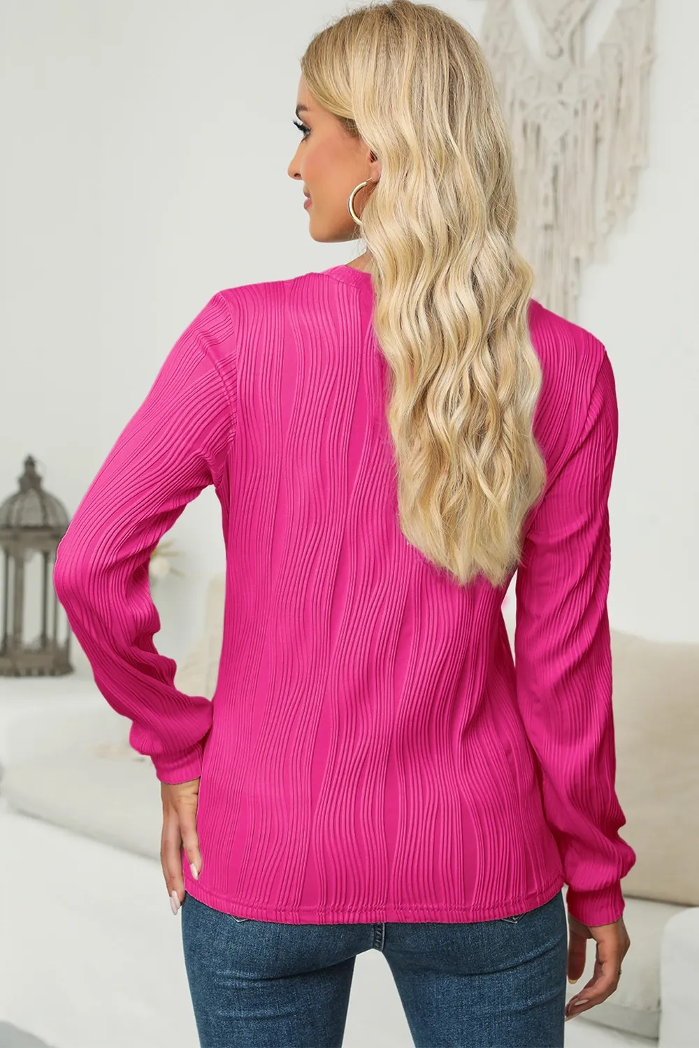 Textured Round Neck Long Sleeve Blouse, image 21