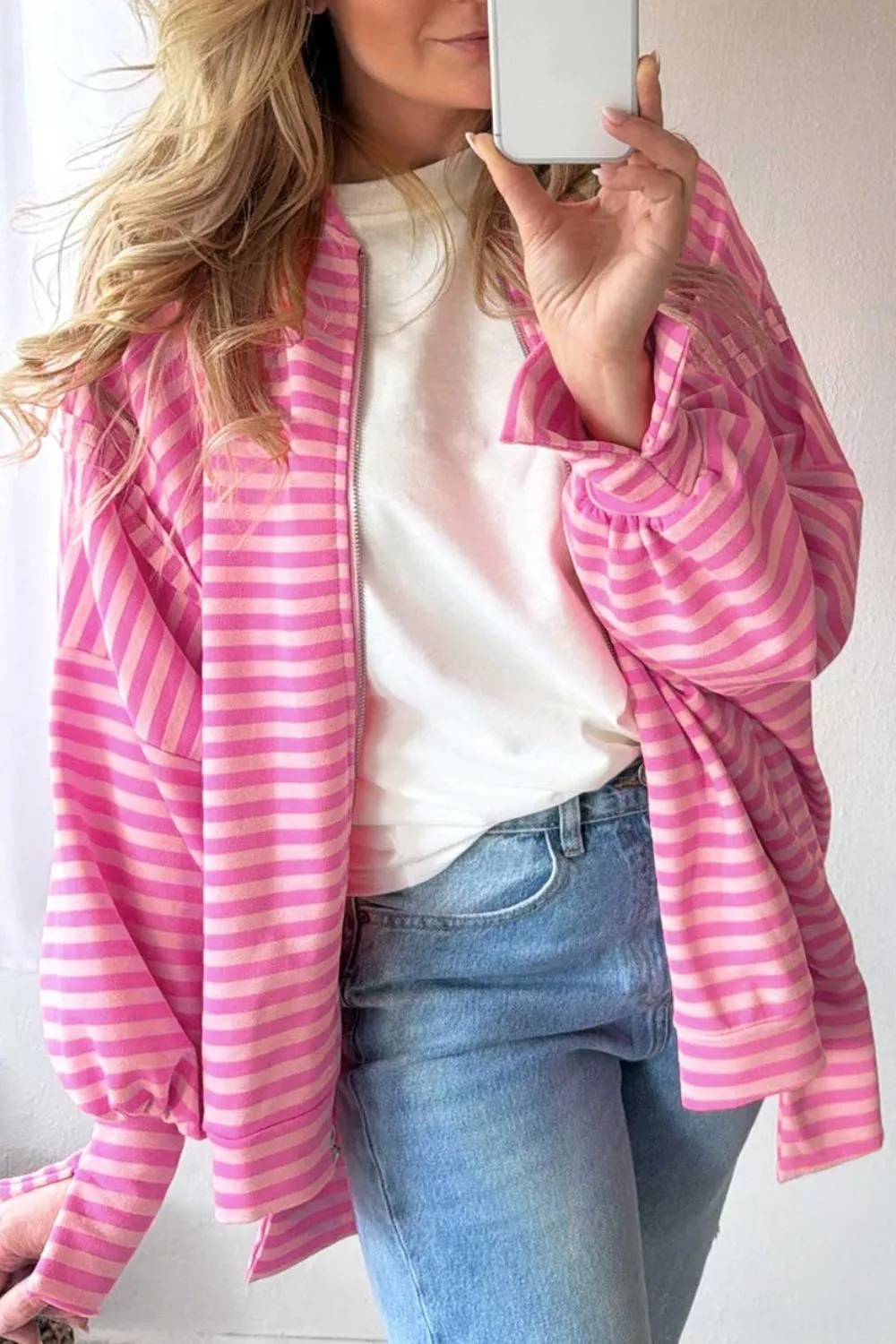 Stripe Striped Zip-up Open Front Loose Fit Regular Length Hoodie, image 4