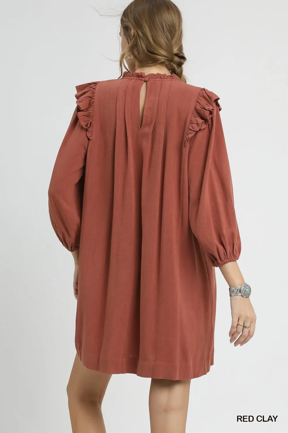 Linen Ruffle Shoulder Pleated Babydoll Dress, image 2