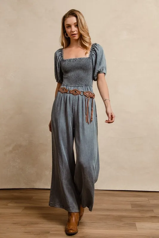Smocked Washed Puff Sleeve Square Neck Denim Jumpsuit, image 4