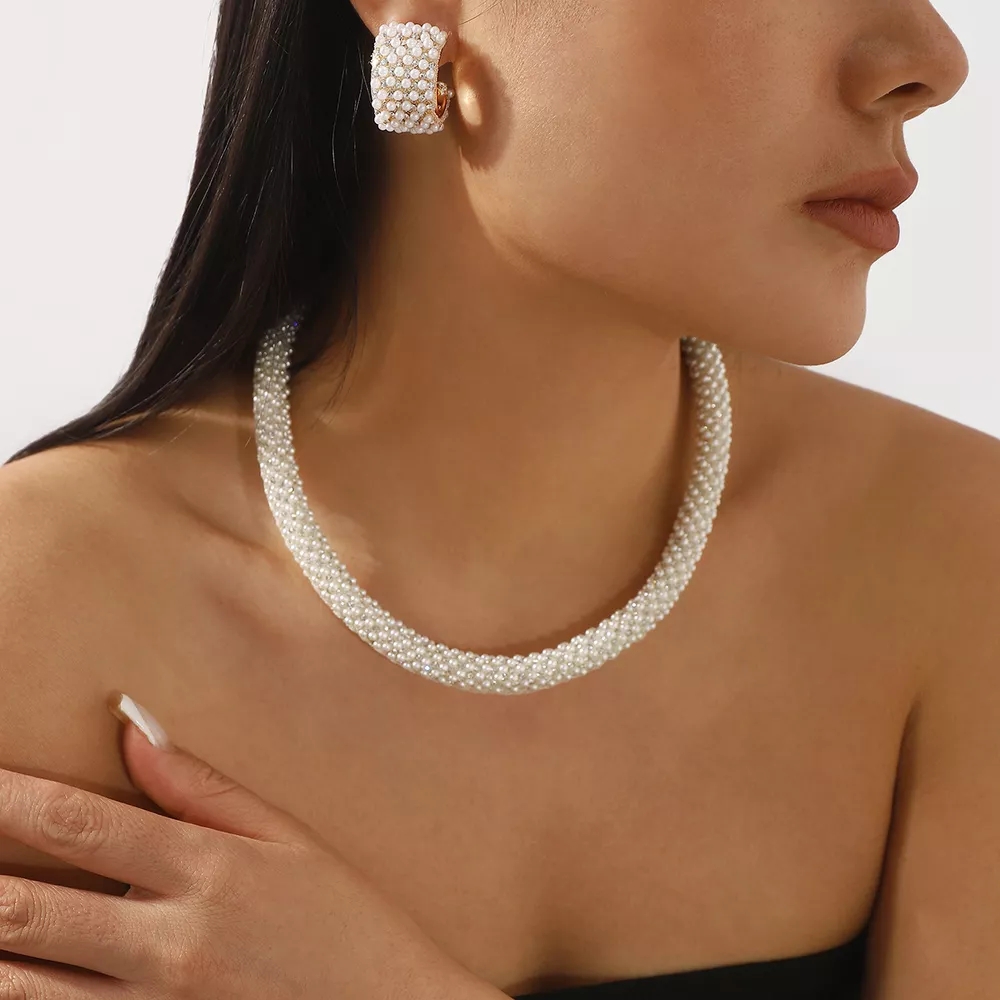 Pearl Embellished Earrings and Necklace Jewelry Set, image 9