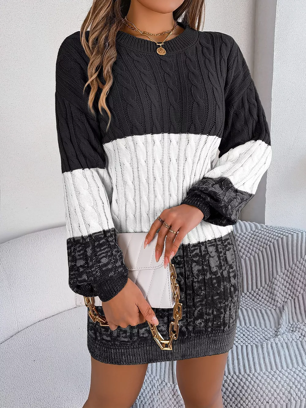 Color Block Cable Knit Sweater Dress with Textured Pattern, image 16