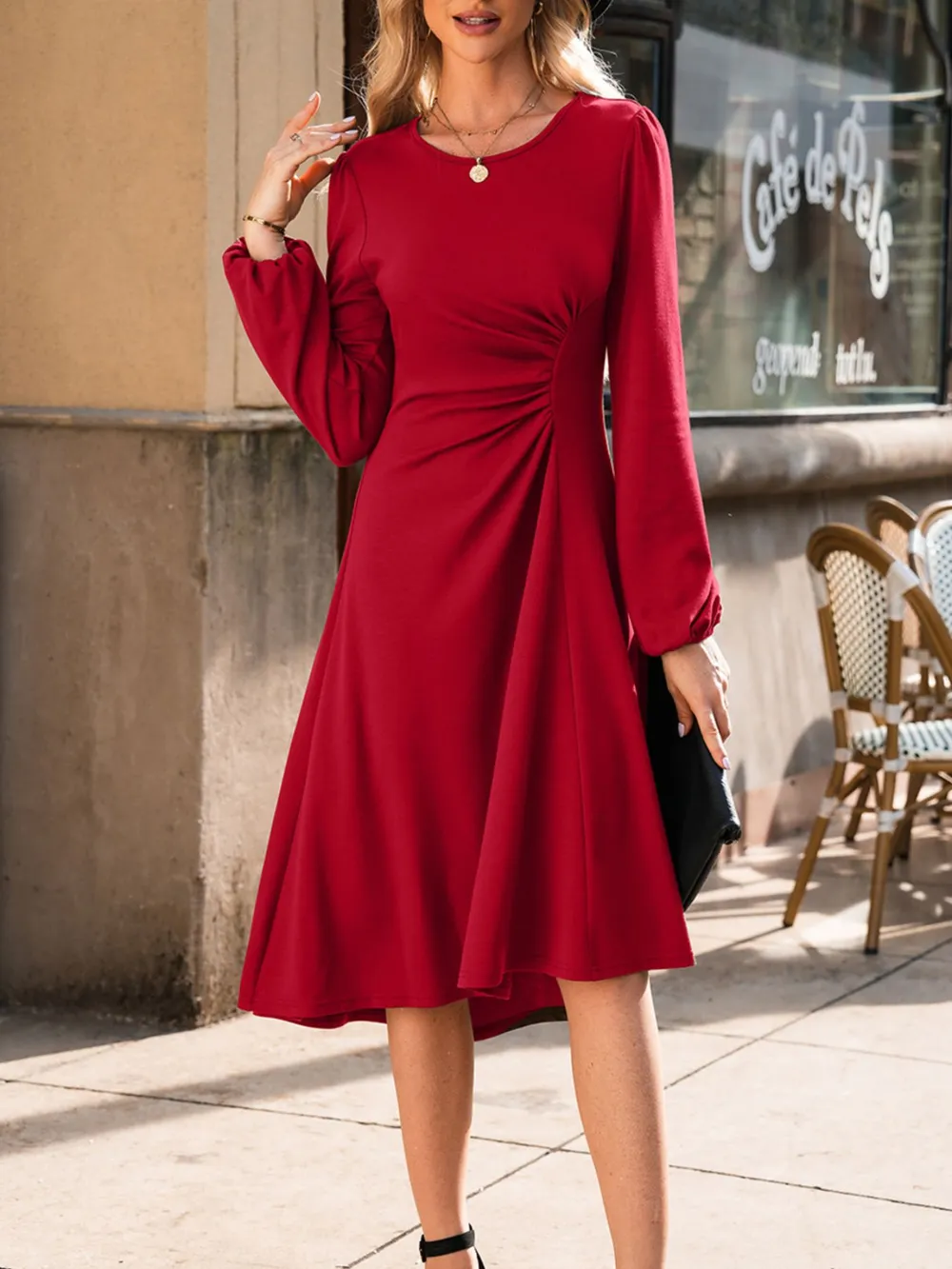 Solid Color Ruched Detail Long Sleeve Midi Dress, image 16