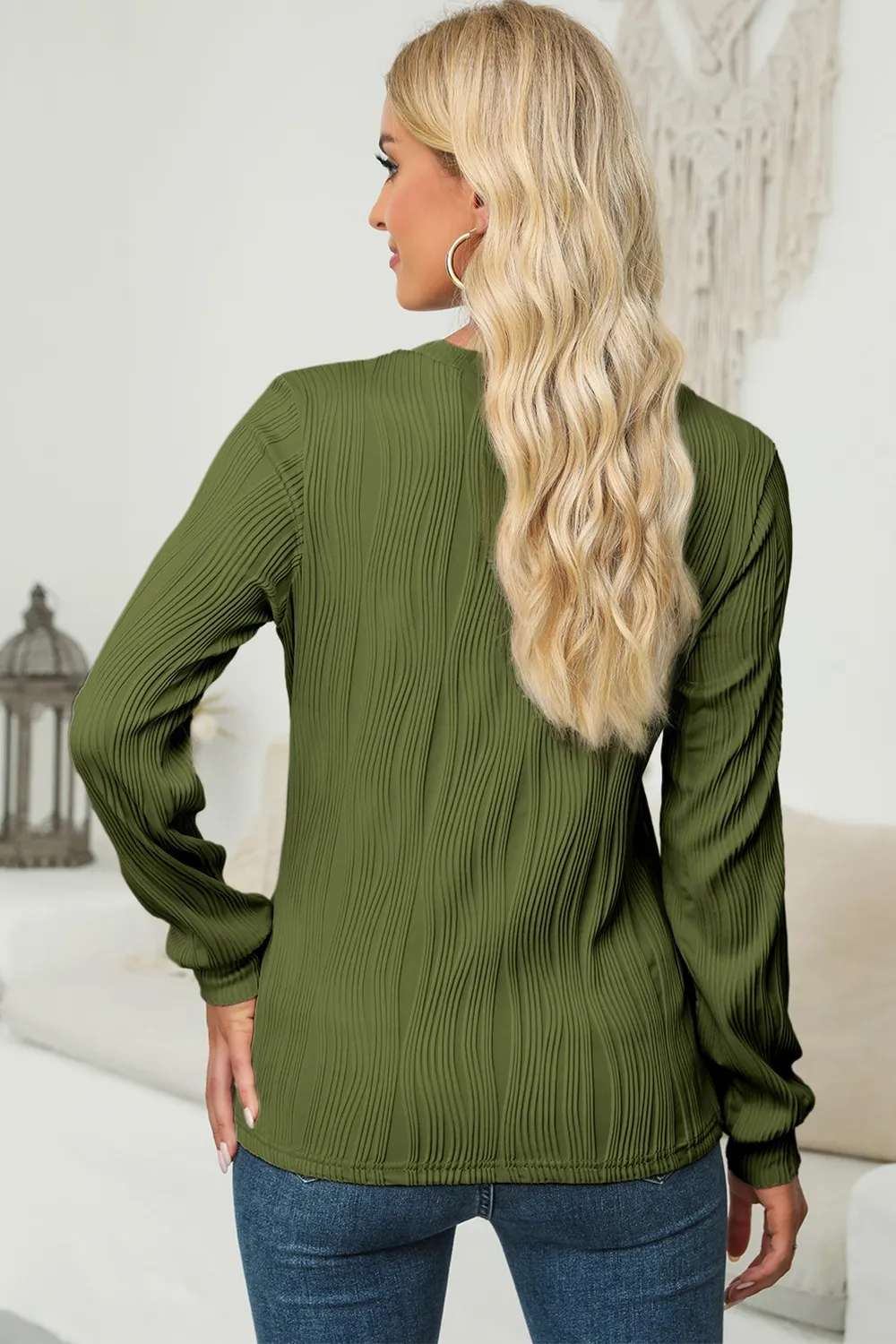 Textured Round Neck Long Sleeve Blouse, image 22