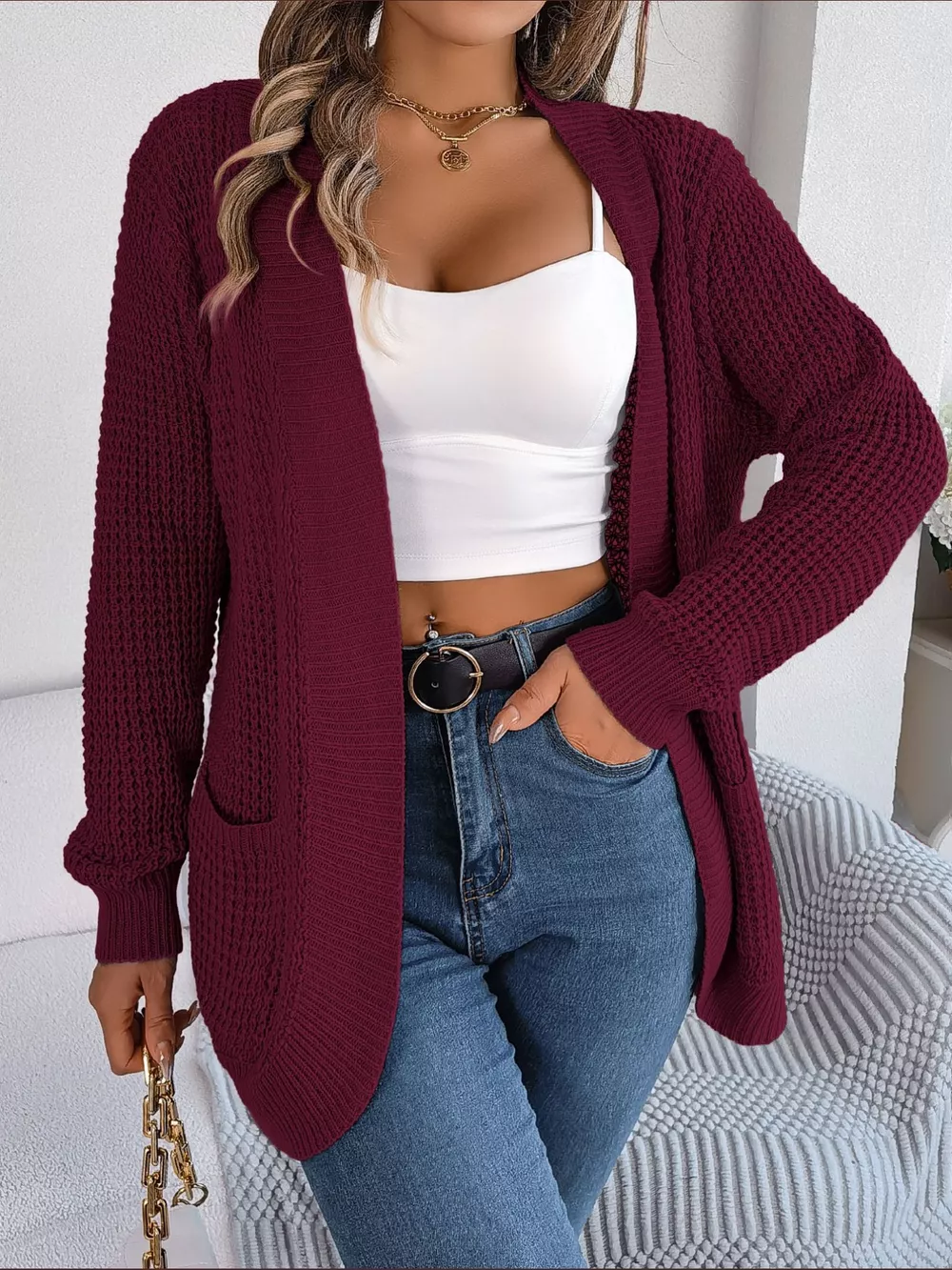 Chunky Knit Open Front Cardigan with Pockets, image 27