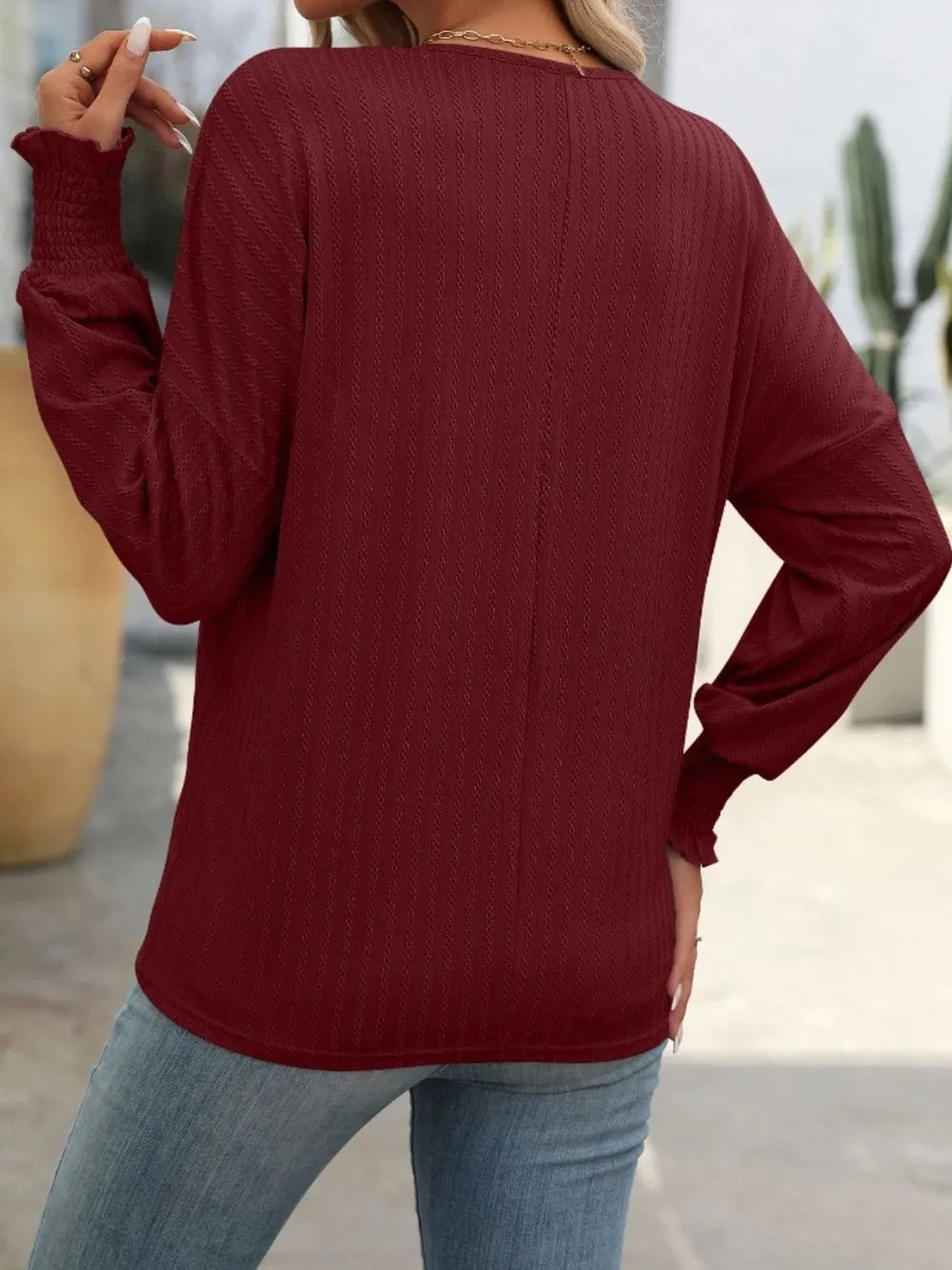 Textured Notched Lantern Sleeve T-Shirt, image 22