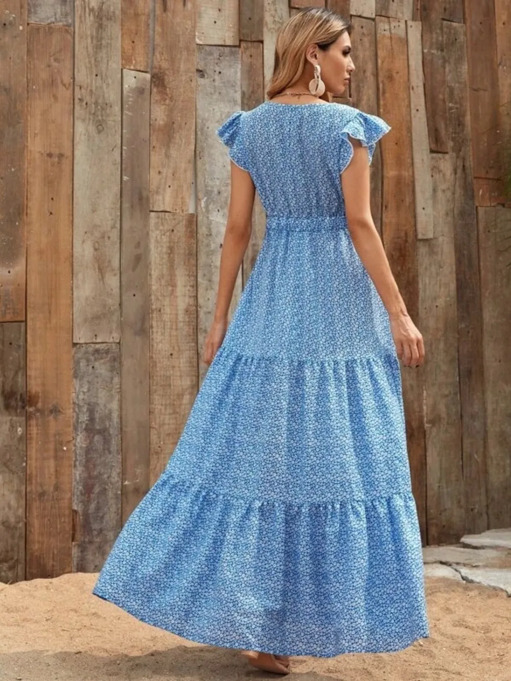Printed V-Neck Ruffled Cap Sleeve Maxi Dress, image 14