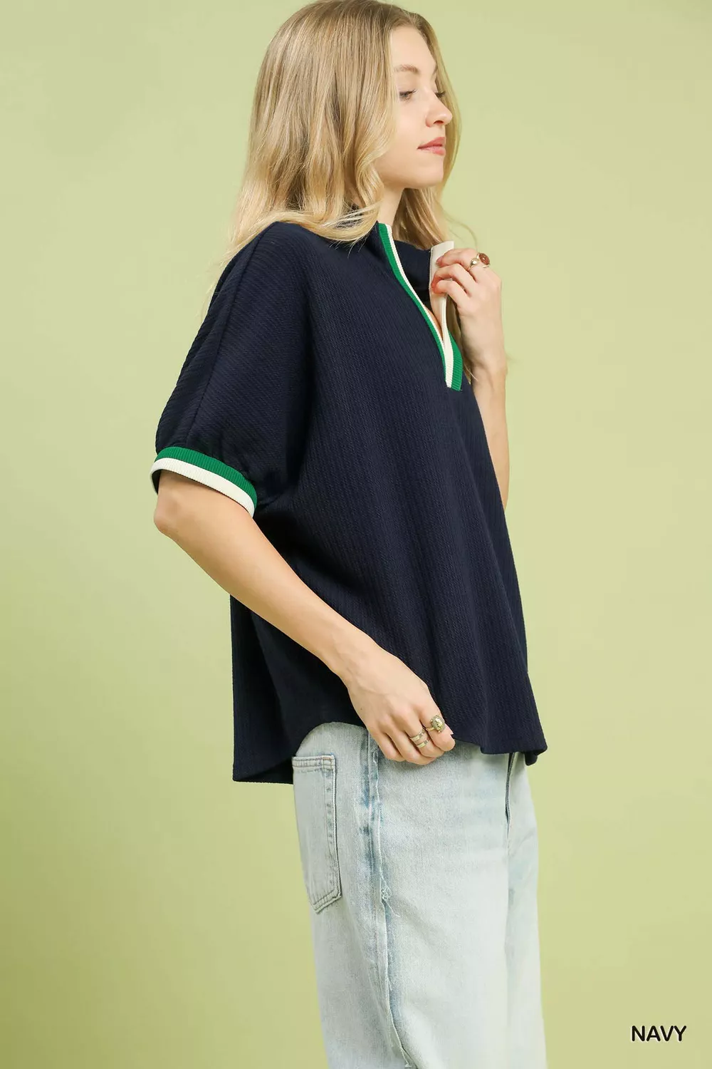 Textured Knit Top with Striped Contrast Trim, image 5