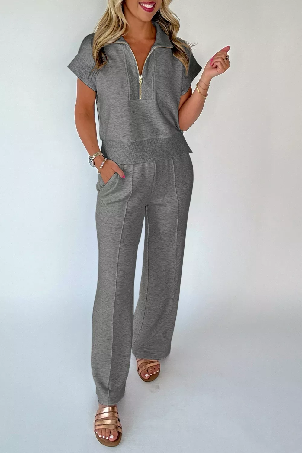 Half Zip Polo Tee Casual Pant Set