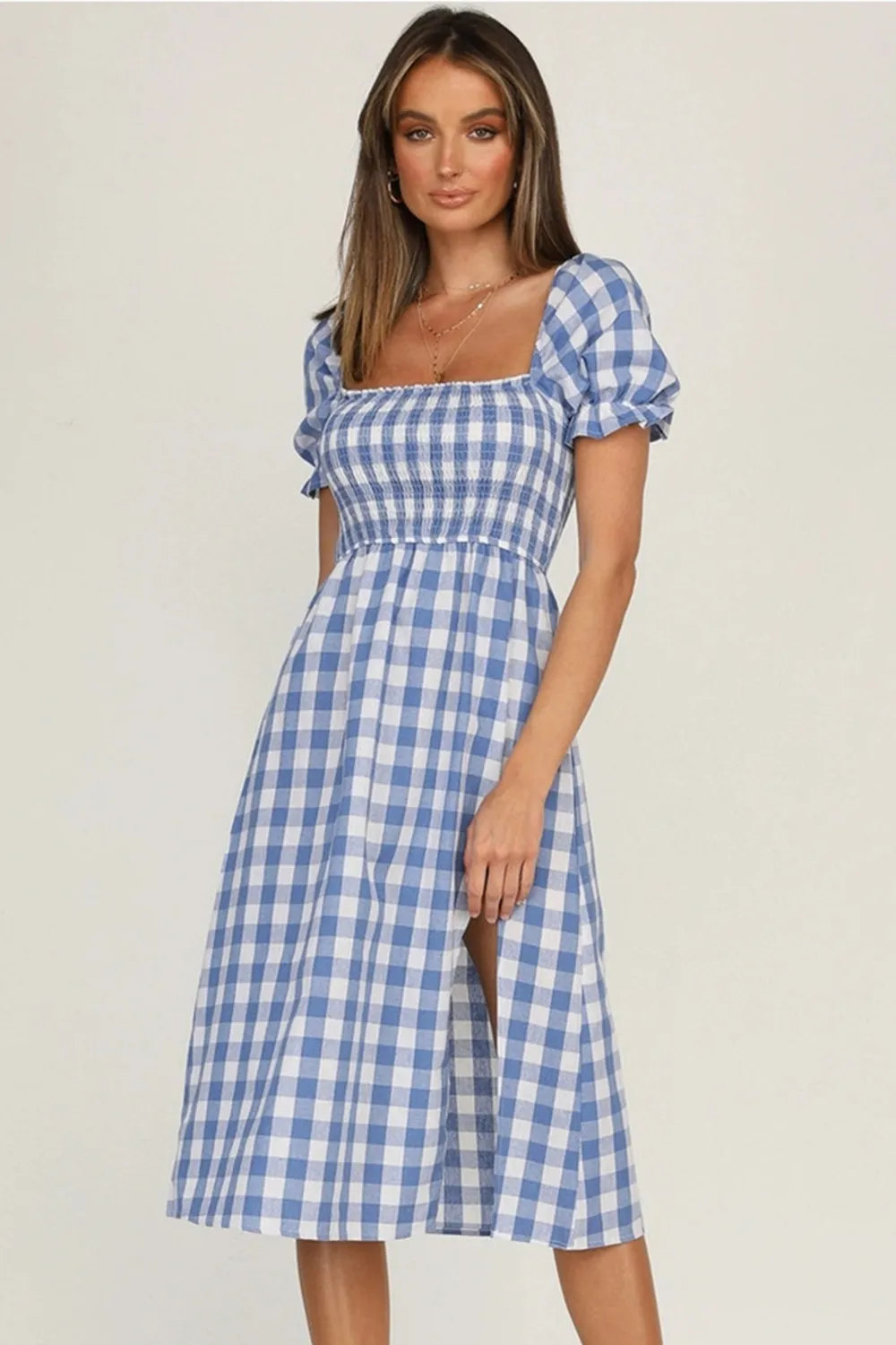 Full Size Slit Plaid Short Sleeve Midi Dress, image 8