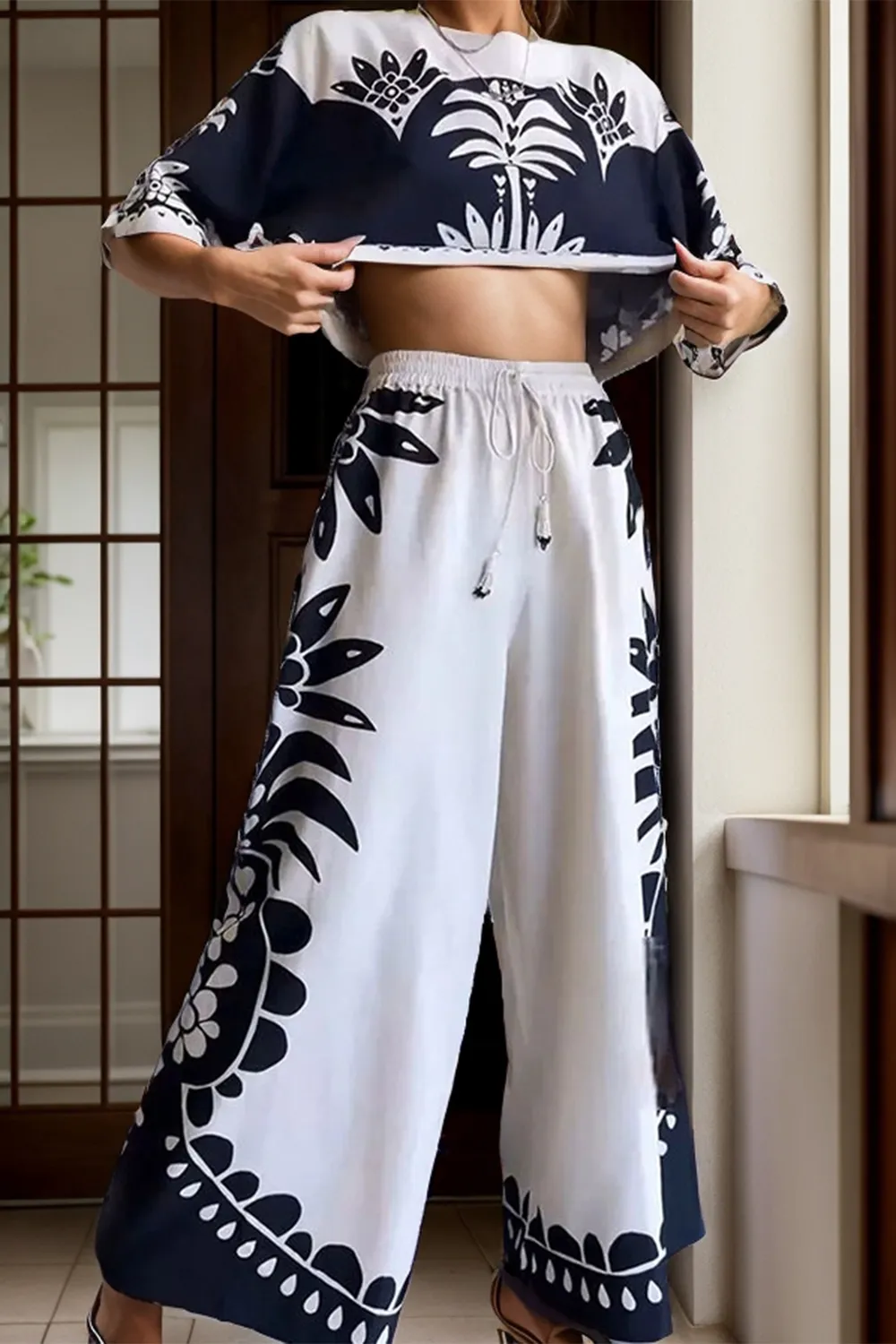 Printed Half Sleeve Top and Wide Leg Pants Set, image 3