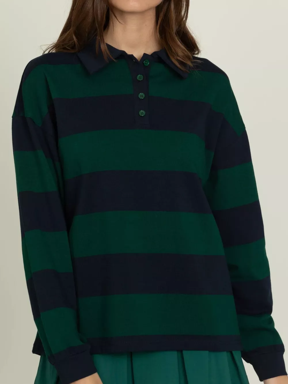 Striped Polo Collar Sweatshirt with Button Details