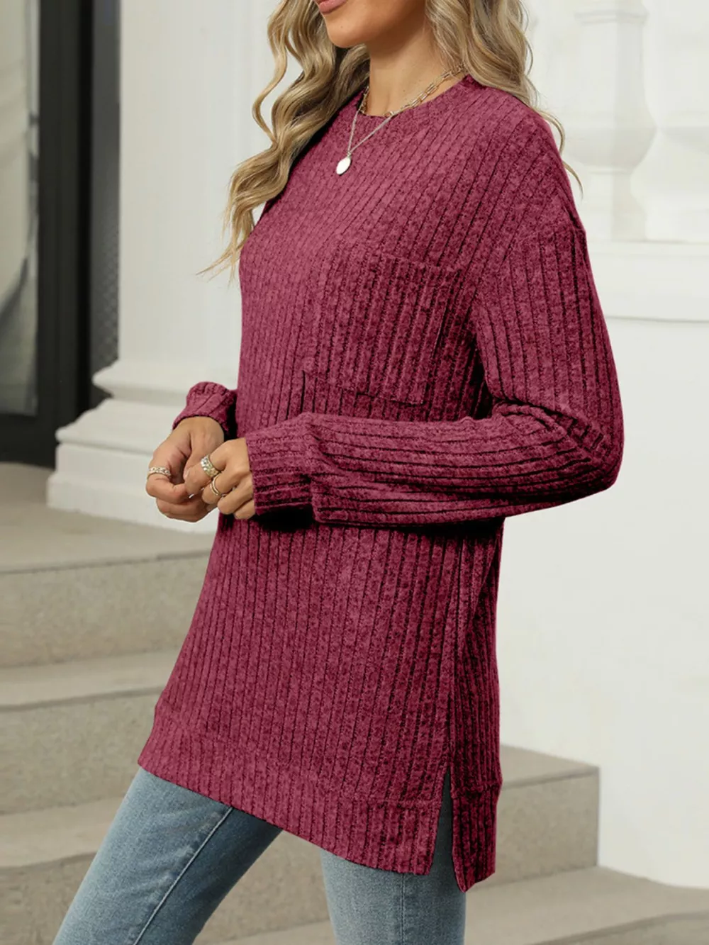 Ribbed Knit Round Neck Sweater, image 24
