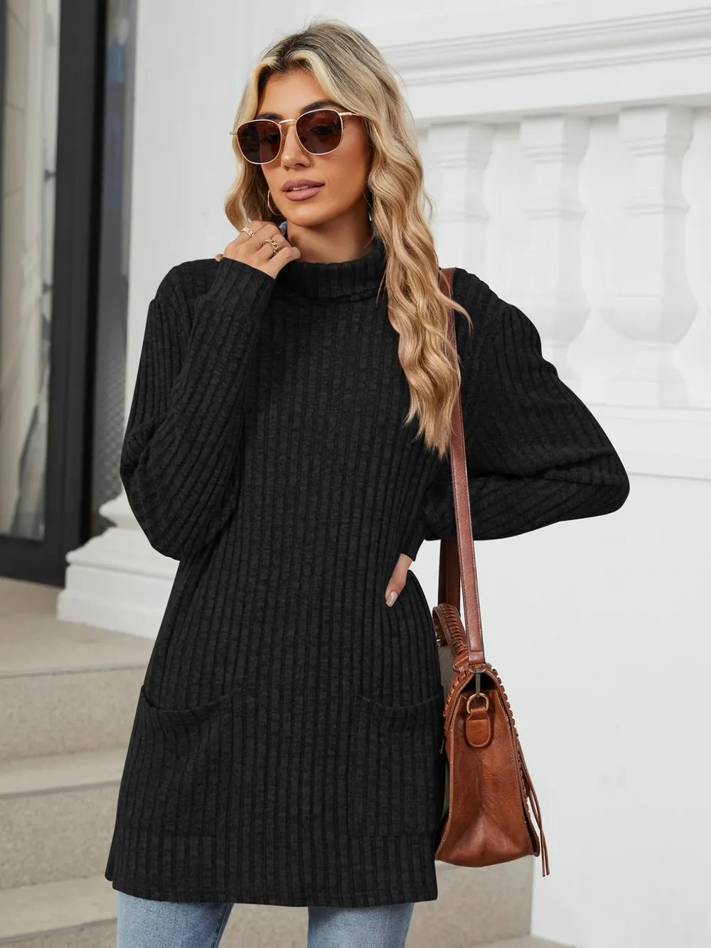 Ribbed Mock Neck Long Sleeve T-Shirt, image 22