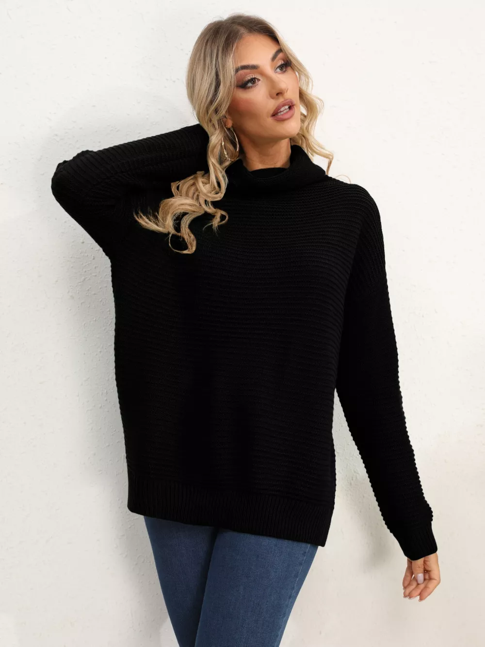 Slit Turtleneck Dropped Shoulder Sweater, image 35