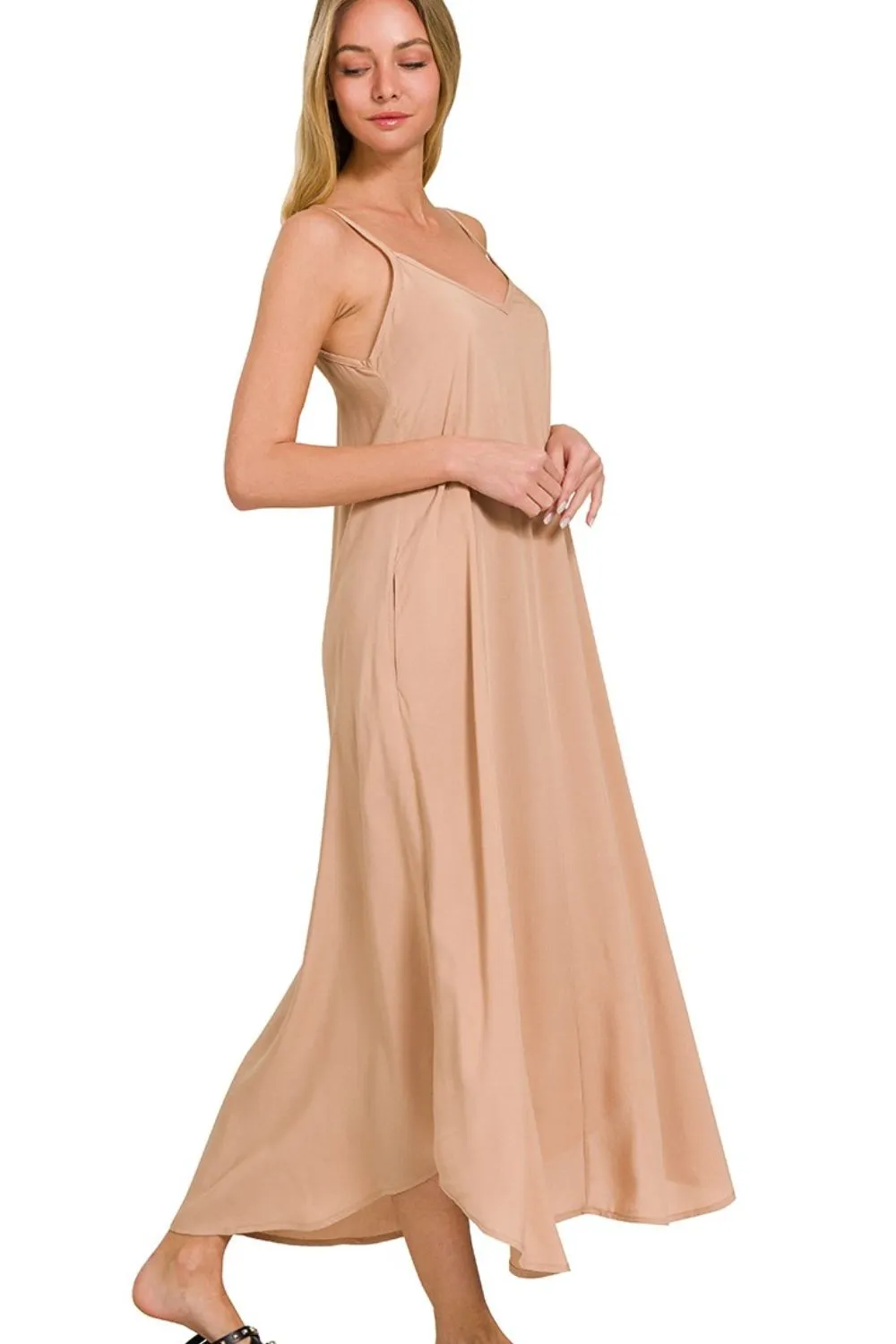 Woven Arc Hem Cami Dress With Flowy Pockets