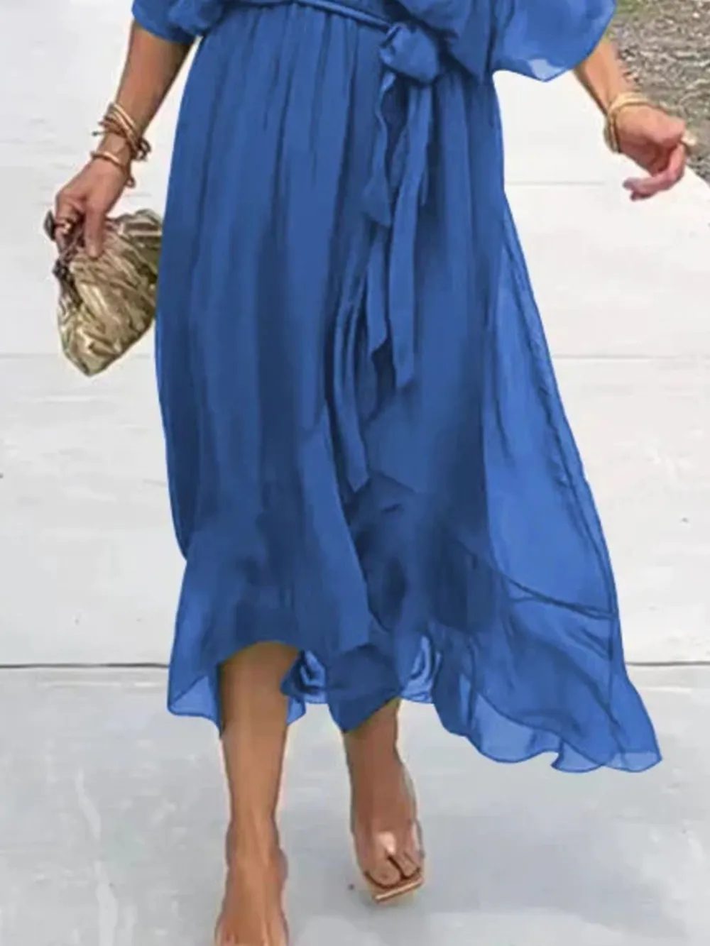 Full Size Flowy Tie Front Midi Dress with Flutter Sleeves Plus Size, image 13