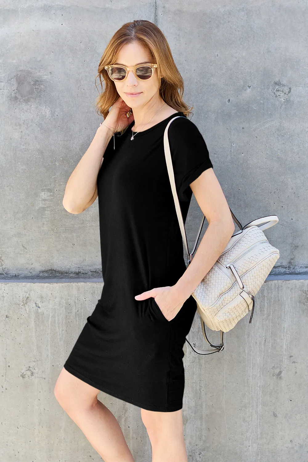Bamboo Full Size Round Neck Short Sleeve Dress with Pockets, image 5