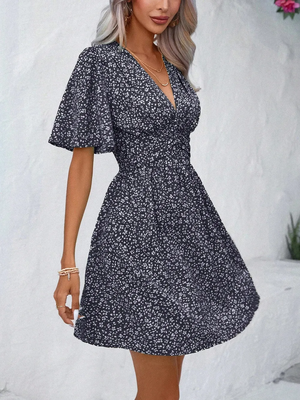 Printed V-Neck Half Sleeve Mini Dress, image 32