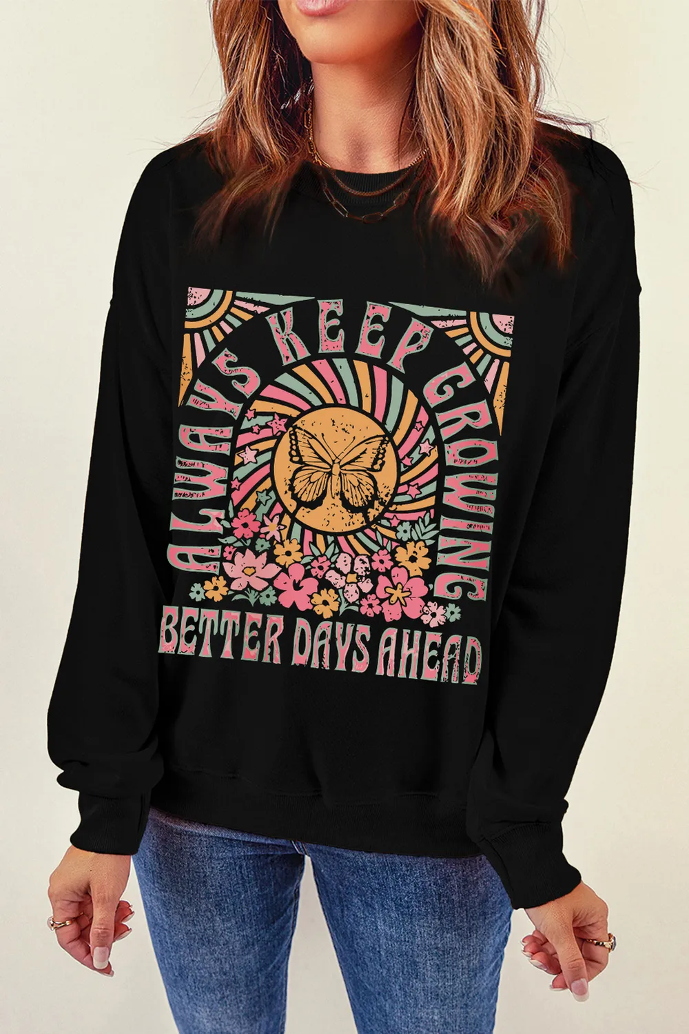 Graphic Round Neck Long Sleeve Sweatshirt, image 4