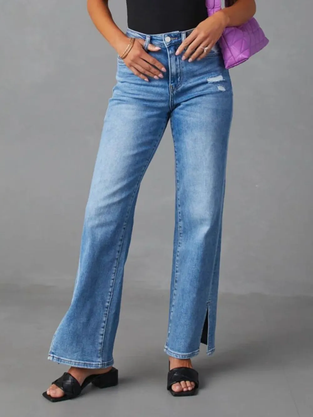 Slit Buttoned Jeans with Pockets, image 2