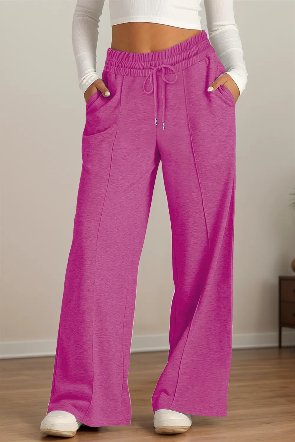 Drawstring Elastic Waist Wide Leg Pants, image 17