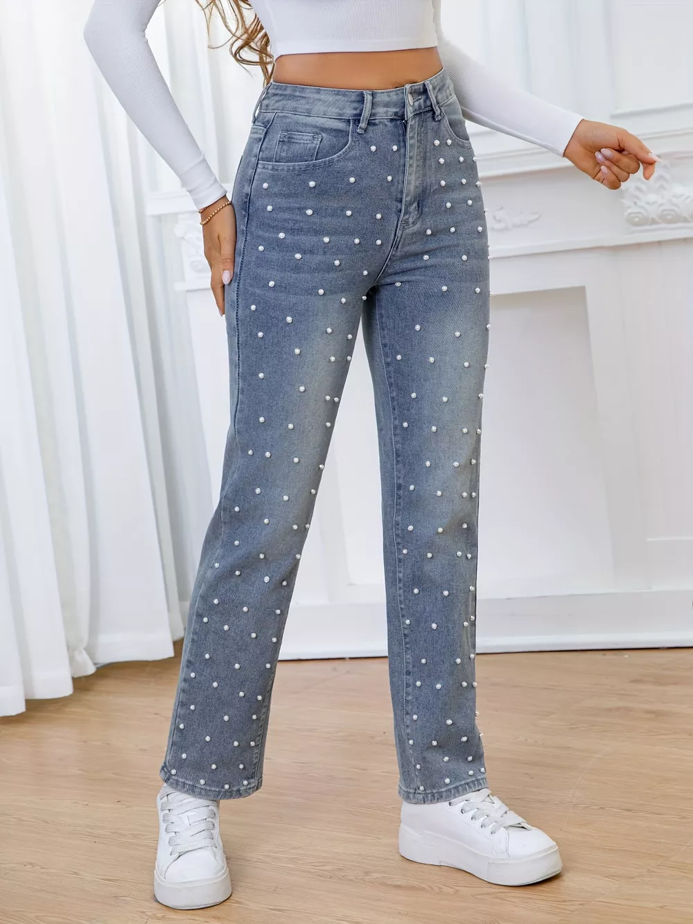 Pearl Embellished High Waist Straight Jeans, image 5