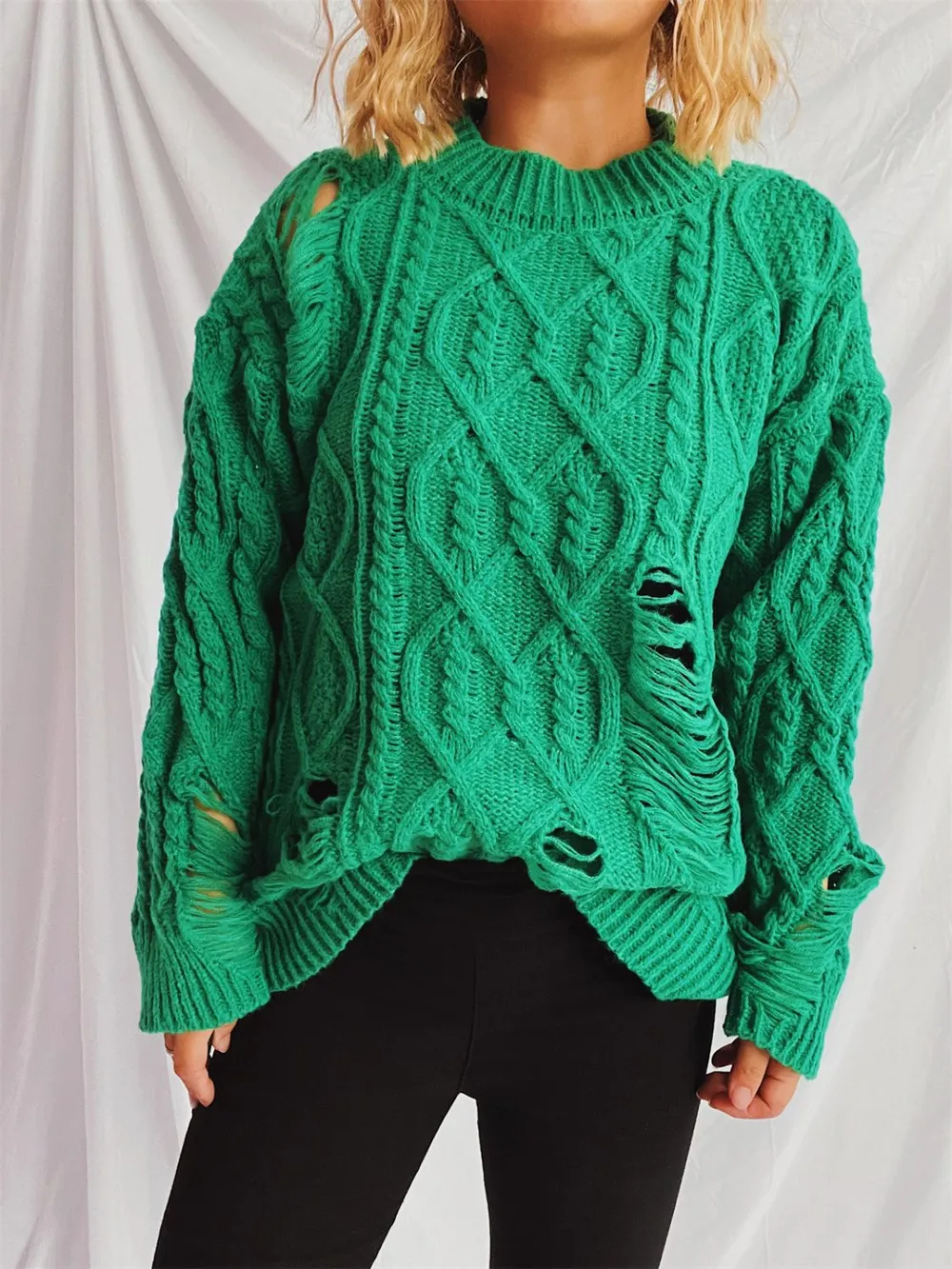 Distressed Cable-Knit Round Neck Long Sleeve Sweater, image 6